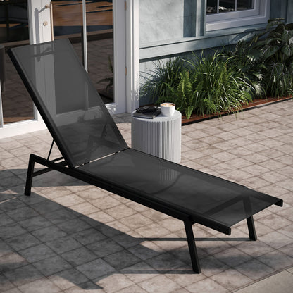 EMMA + OLIVER Braelin Adjustable Patio Chaise Lounge - Black Textilene Seat - Armless Design - 5 Recline Positions - Metal Frame - All-Weather - Set of 2