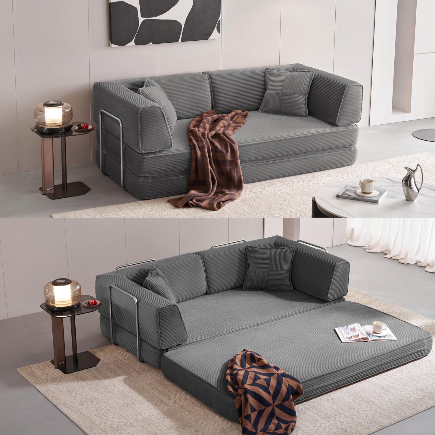 LINSY Home 79" Convertible Sofa Bed, 4-in-1 Corduroy Boneless Couches for Living Room, Folding Queen Size Futon, Floor Mattress Loveseat Sofa Bedroom Apartment Lounge, 2 Pillows, Grey