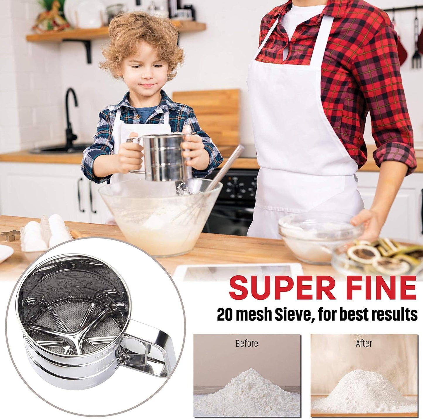 2.5 Cup Flour Sifter - Semi Automatic Small Baking Sieve, Stainless Steel, Fine Mesh Sieve Flour Duster