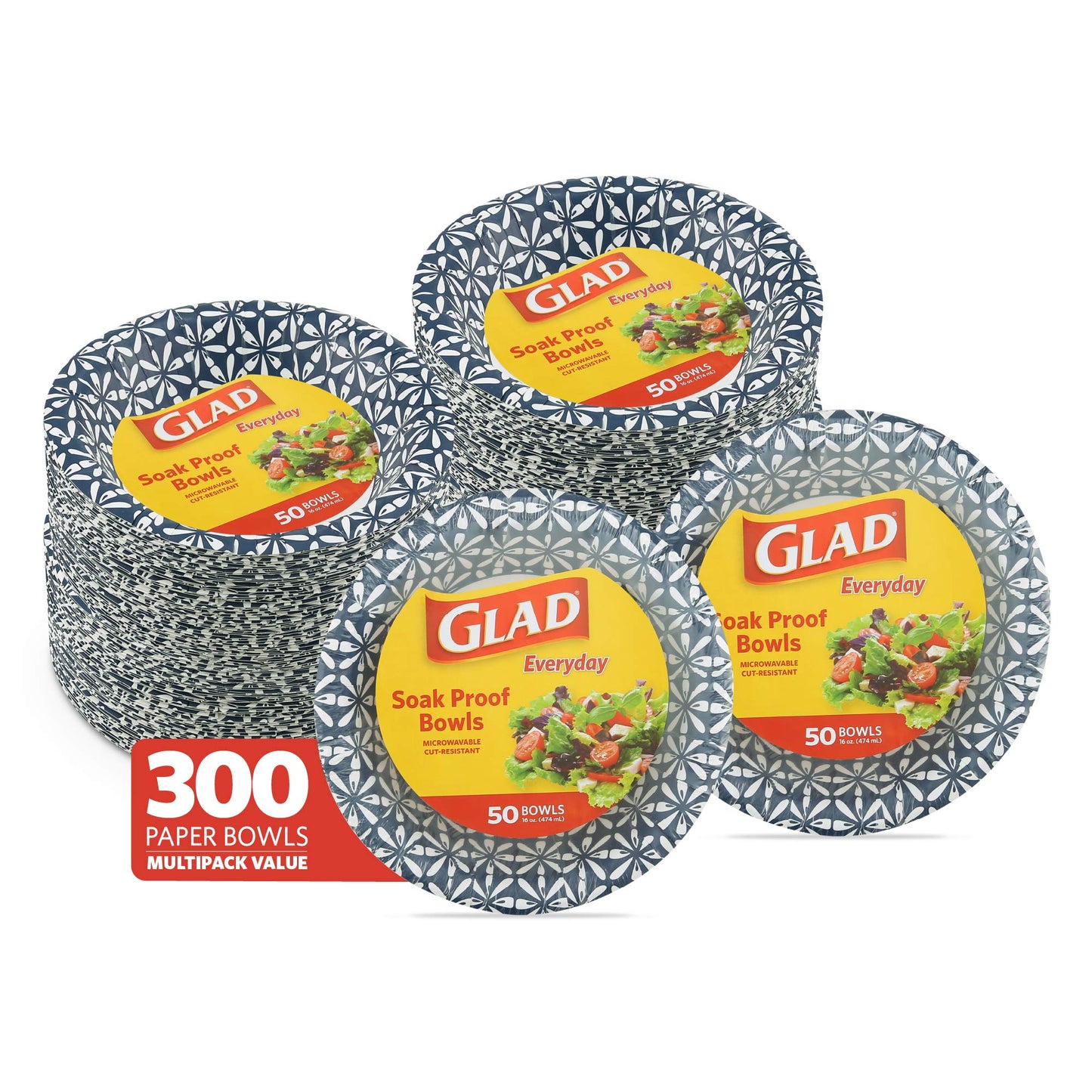 Glad Round Disposable Paper Bowls, Blue Mosaic Design - Heavy Duty, Soak-Proof, Cut-Resistant, Microwavable Paper Bowls for All Foods, Daily Use, and Special Occasions, 16 oz, 50 Count - 6 Pack