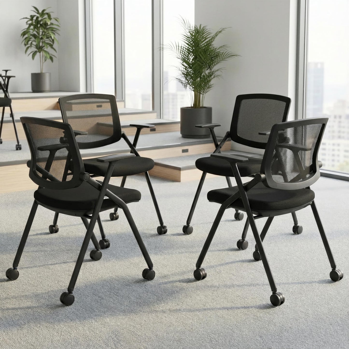 BROBRIYO Folding Chair with Wheels and Paddle, Ergonomic Mesh Back and Arms for Office, Meetings, Conferences, Receptions, Training Rooms & Folding Office Chairs - Black 100 Pack