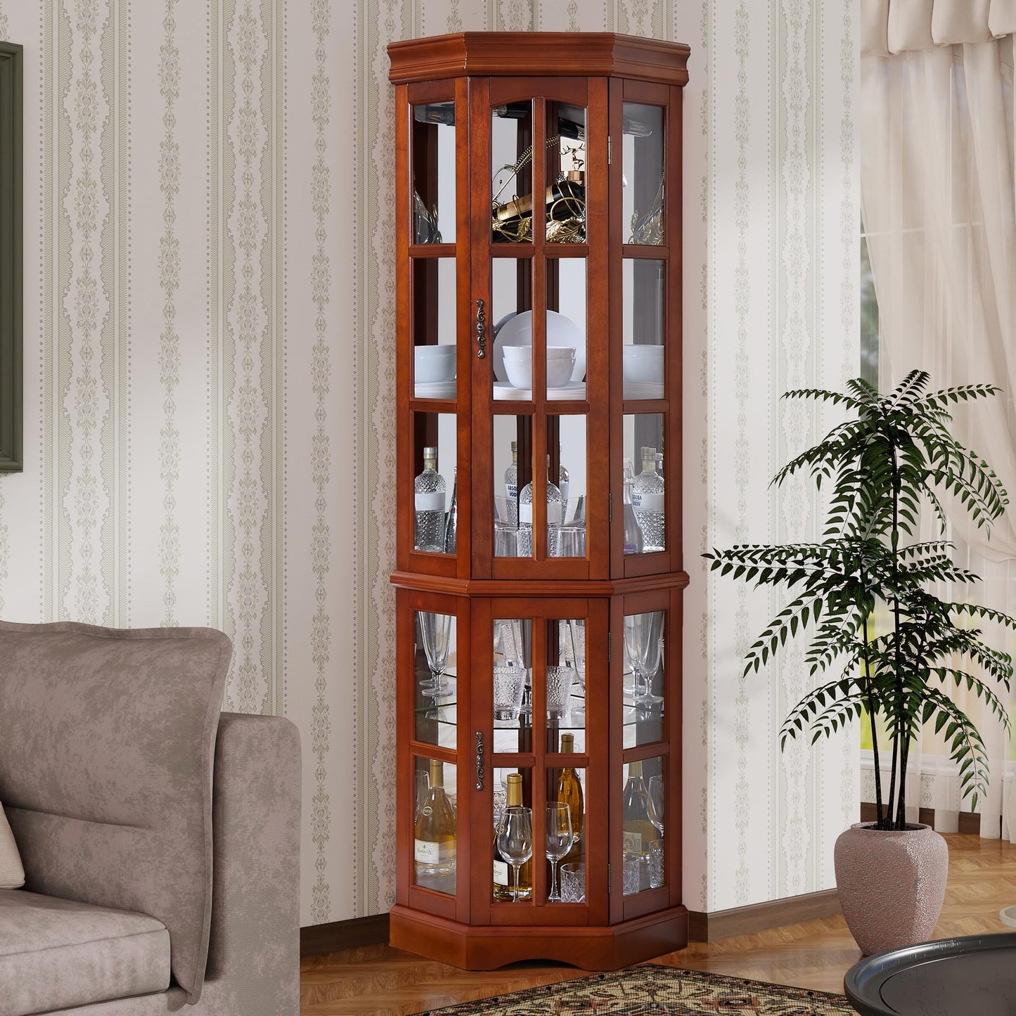 Corner Curio Cabinet with Lighting System, Adjustable Tempered Glass Shelves and Acrylic Mirror Back for Display, Compact Corner China Cabinet for Living Room (E26 Bulb Not Included) (Dark Walnut)