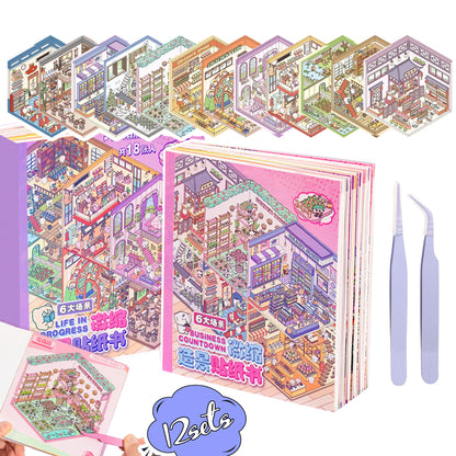 3D Sticker Scene Book Sticker Therapy for Adults Kids Teens 2 Books with 12 Sets of DIY 3D Room Miniature Scene Stickers Featuring Various Themes