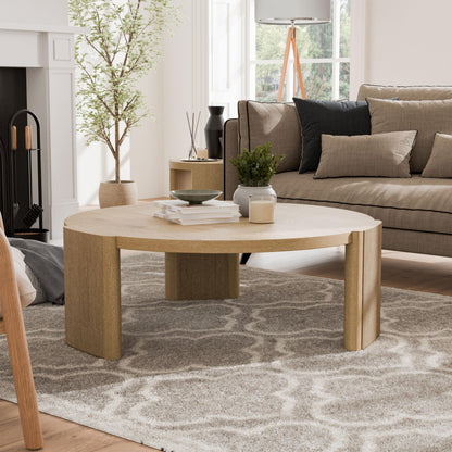 Furniture of America Carys 42” Round Coffee Table, Solid Rubberwood & Oak Veneer, Modern Wood Living Room Table with Plinth Base, Oak Finish