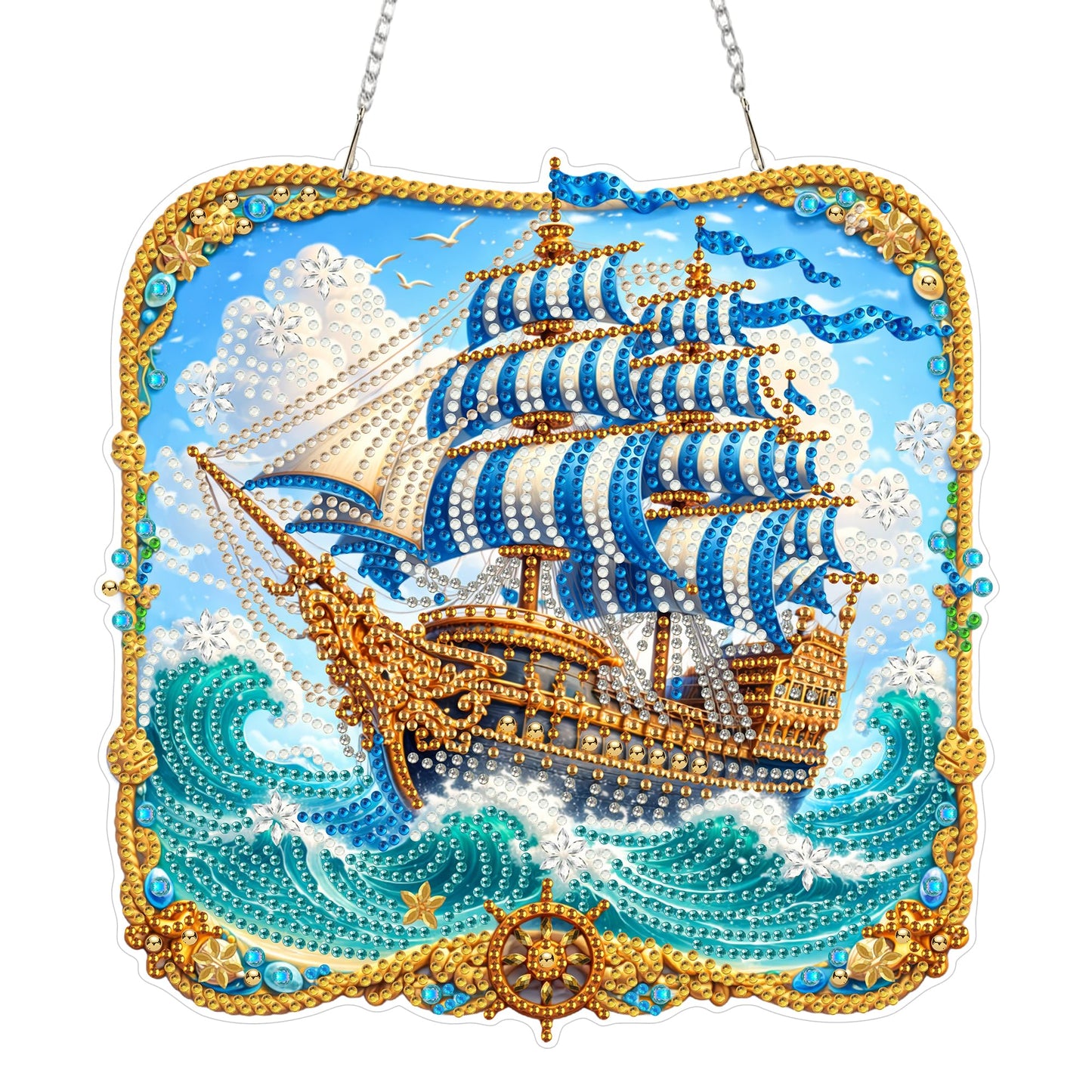 Yunzlly DIY Hanging Diamond Art Pendant Kit, Special Crystal Double Sided Diamonds Painting Ornament Kit for Adults, Acrylic Gem Painting Board for Window&Door&Wall (Sea Sailboat)