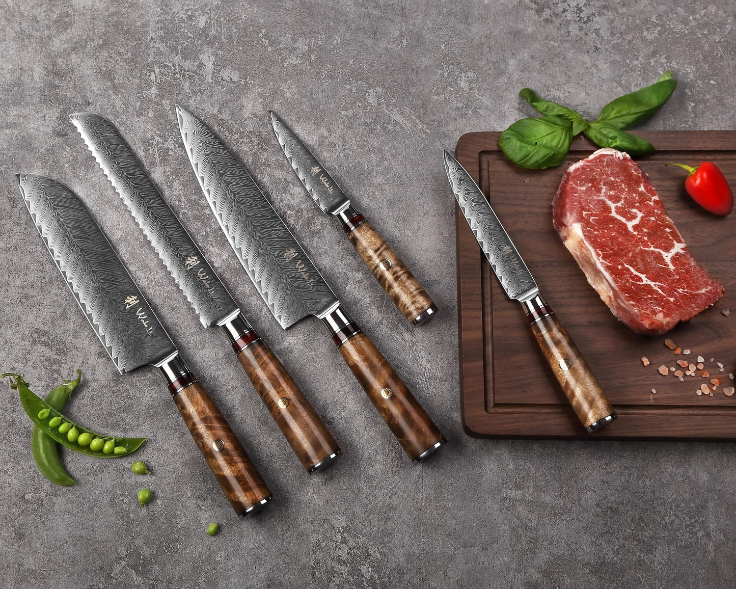 Wakoli Damascus Chef Knife Set with Magnetic Block – 5-Piece Professional Kitchen Knife Block Set, Genuine 67-Layer Damascus Steel Blades with VG10 Core & Ergonomic Sycamore Wood Handles