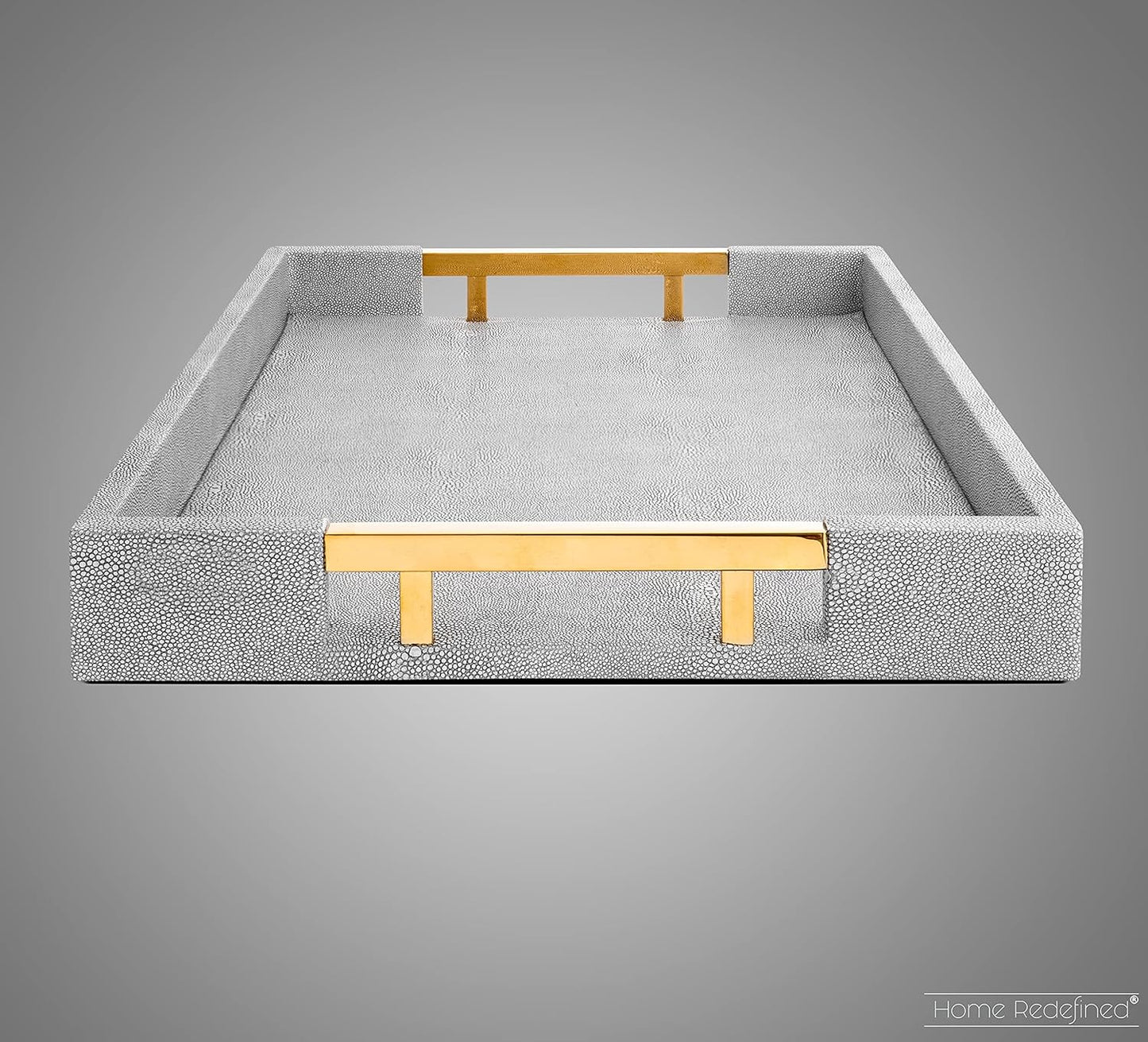 17.5"x12" Home Redefined Modern Elegant Rectangle Glossy Grey Shagreen Faux Leather Decorative Tray Ottoman Coffee