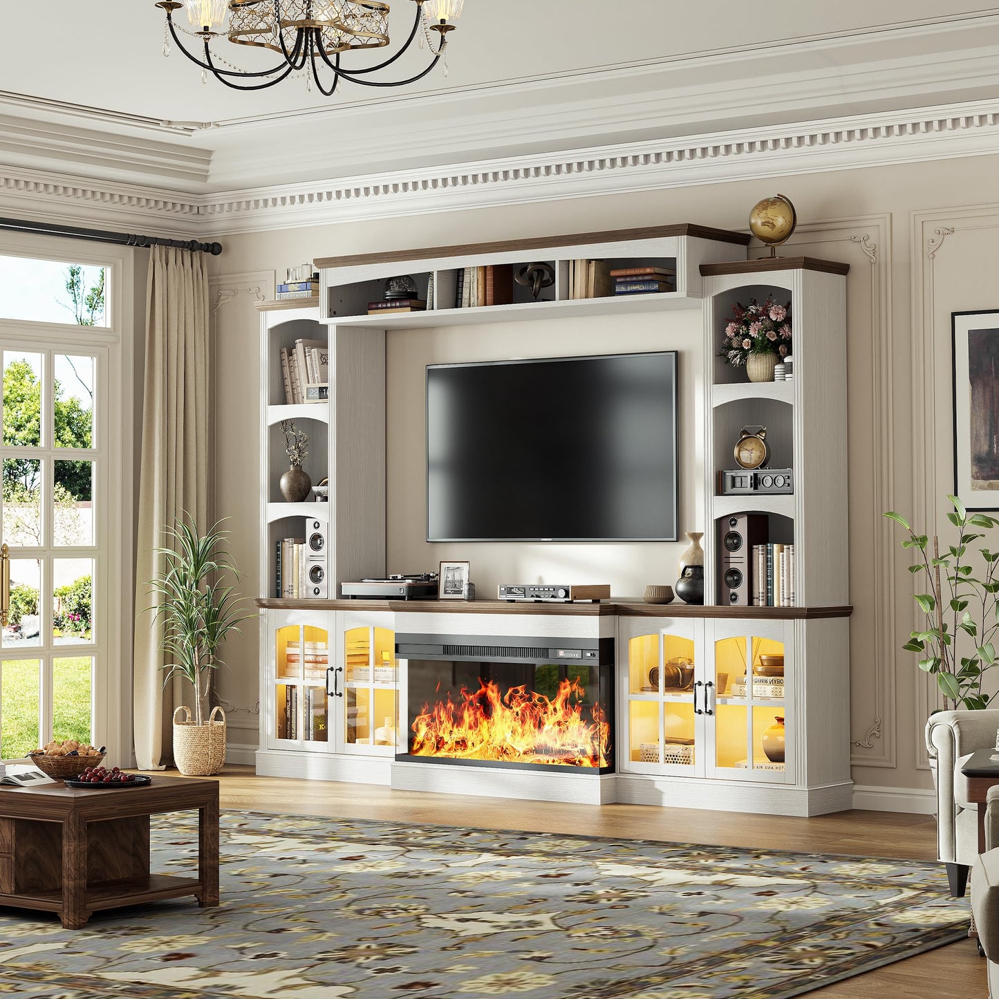 OneBlis 98" Farmhouse TV Stand with 36" Electric Fireplace, Bookshelves, Fits 75" TVs, Entertainment Center with Storage Cabinet, Large Wall Unit Media Console for Living Room, White