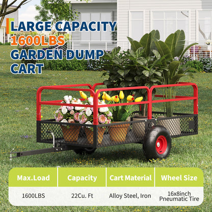 PeakPursuit Tow Behind Steel Dump Cart, Heavy Duty Yard Garden Trailer with Removable Sides & All Terrain Tires, Fits Lawn Mower, Tractor, Garden Cart, 1600 lbs 22 Cubic Feet, Red