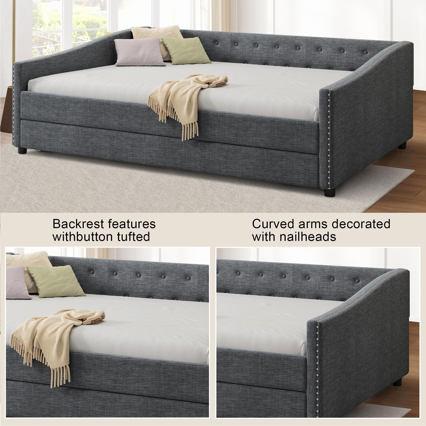 Ball & Cast Full Size Upholstered Tufted Daybed with Twin-Size Trundle, Bed Frame w/Button Tufted Back and Waved Shape Arms,for Bedroom,Guest Room,Apartment,Dark Grey