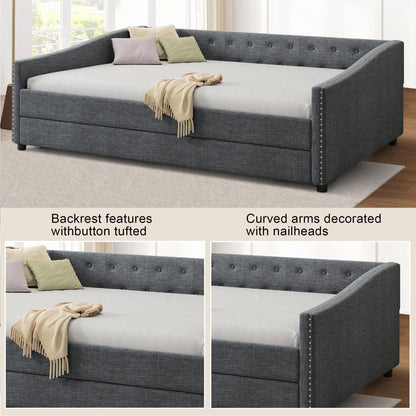 Ball & Cast Full Size Upholstered Tufted Daybed with Twin-Size Trundle, Bed Frame w/Button Tufted Back and Waved Shape Arms,for Bedroom,Guest Room,Apartment,Dark Grey