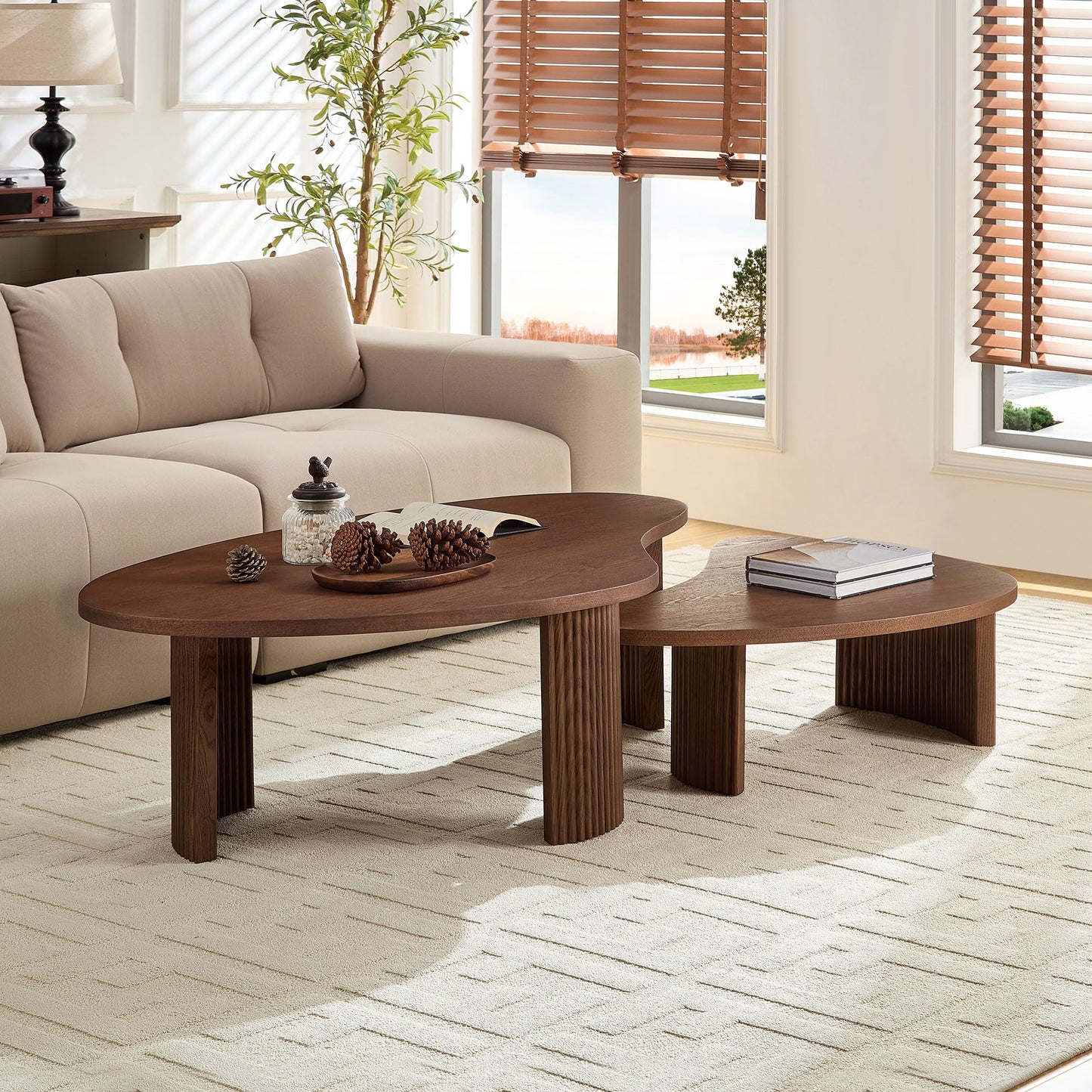 KEIKI Modern Style Wooden Nesting Coffee Table Set of 2, Irregular Shape MDF Coffee Table with Embossed Legs, Easy Assembly, for Living Room, Bedroom, Reception Room, Office, Walnut