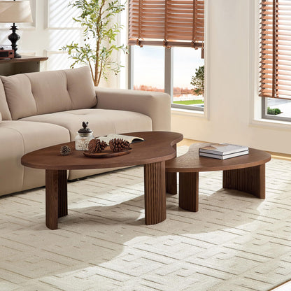 KEIKI Modern Style Wooden Nesting Coffee Table Set of 2, Irregular Shape MDF Coffee Table with Embossed Legs, Easy Assembly, for Living Room, Bedroom, Reception Room, Office, Walnut
