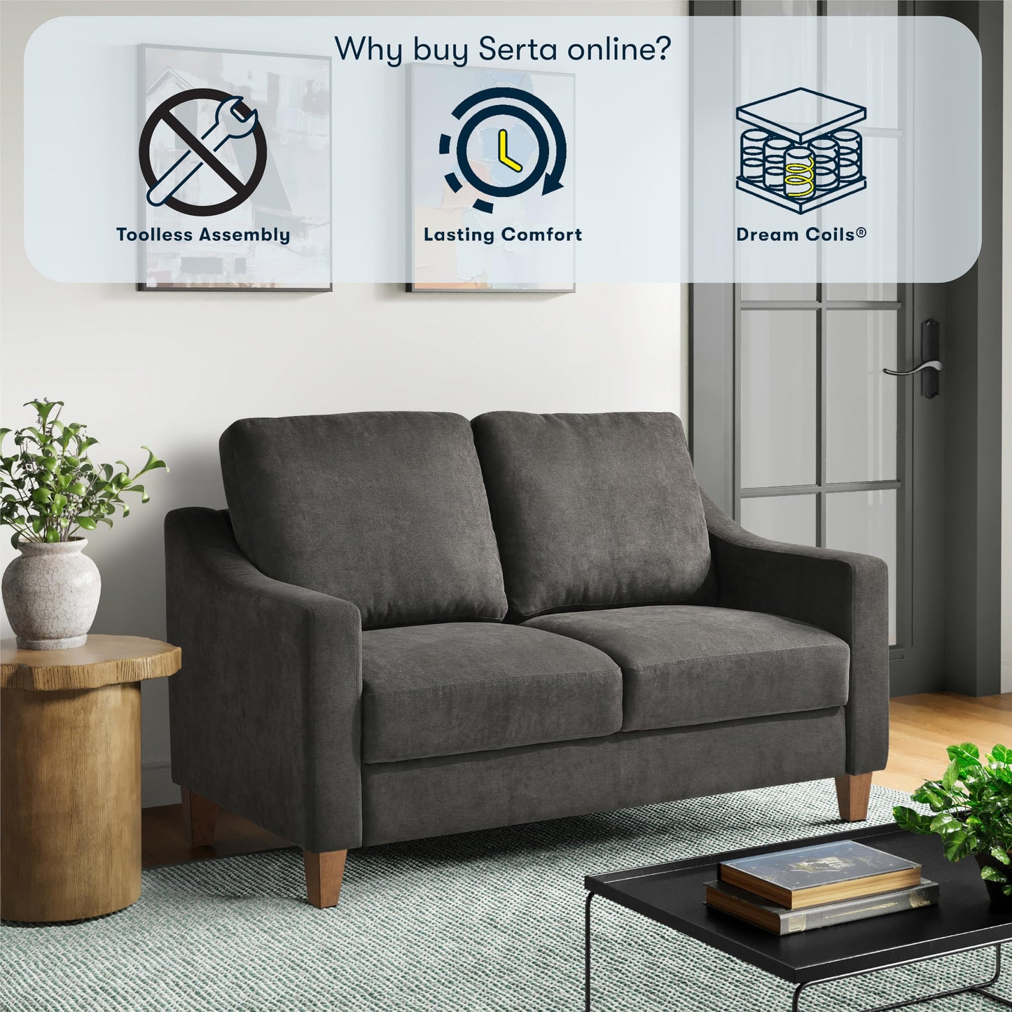 Serta® Armstrong 52" Soft Modern Sofa, Sloped Track Arms, Solid Wood Legs, Easy Assembly, Dream Coil® Comfort, Soft Woven Polyester Fabric, Gray