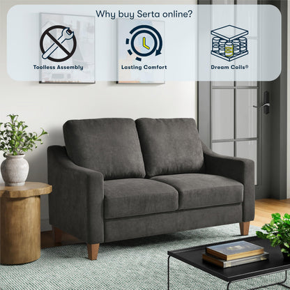 Serta® Armstrong 52" Soft Modern Sofa, Sloped Track Arms, Solid Wood Legs, Easy Assembly, Dream Coil® Comfort, Soft Woven Polyester Fabric, Gray
