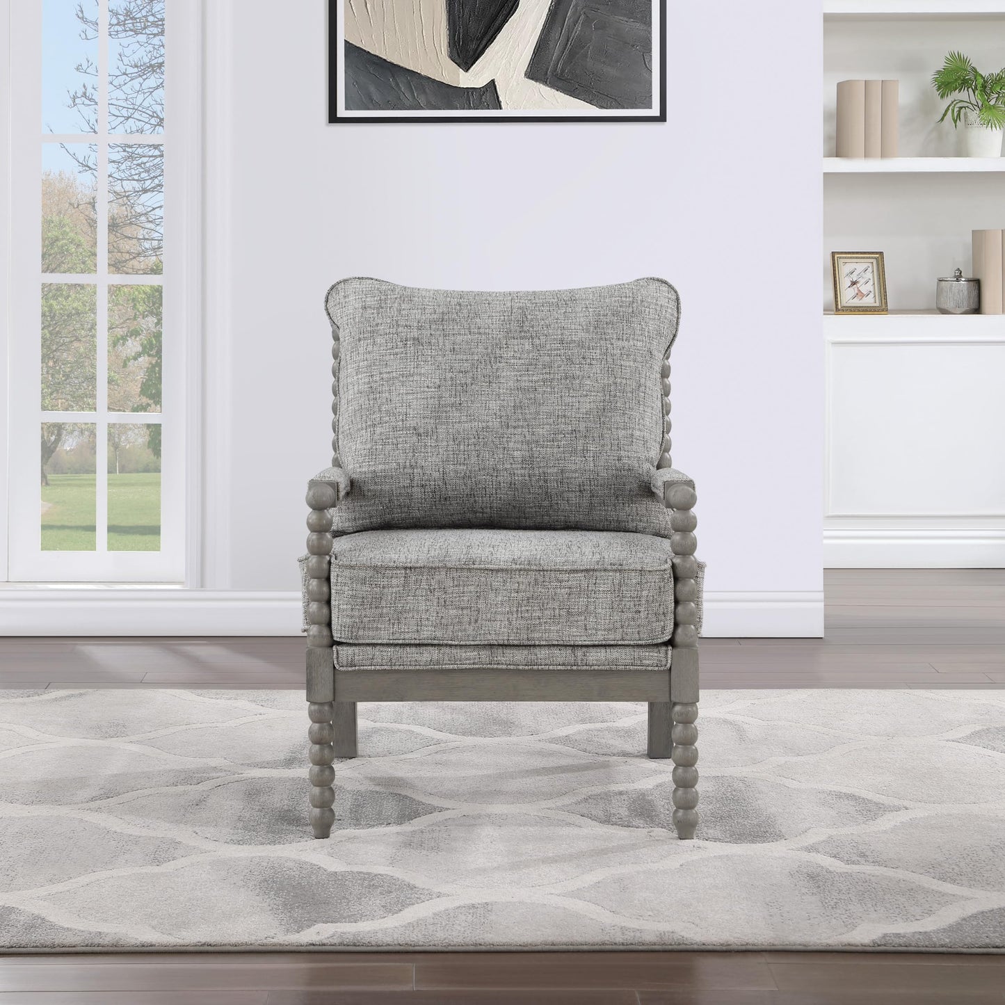 OSP Home Furnishings Abbott Spindle Accent Chair with Padded Spring Seat and Brushed Grey Base, Graphite Fabric