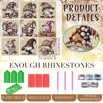TecUnite 9 Pcs Coffee Gnomes Diamond Painting Art Diamond Painting Kit for Beginners DIY Rhinestone Gem Crafts for Christmas Home Wall Decor 6 x 6 Inch