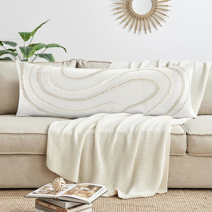 Sweet Jojo Designs Boho Tufted Swirl Body Pillow Cover Case Decorative Accent Long Couch Kids Bed Pregnancy Pillowcase 54x20 Neutral Ivory Taupe Bohemian Pattern Geometric Off White Abstract Unisex