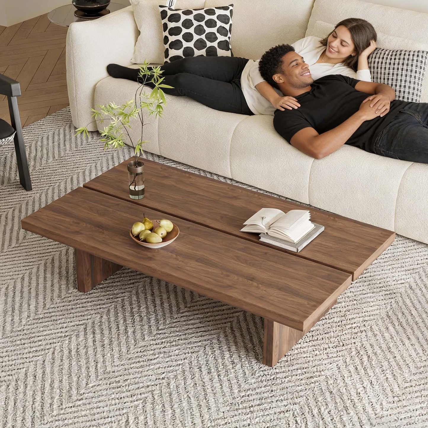 47" Rectangular Walnut Grain Coffee Table - Minimalist Modern Coffee Tables for Living Room, Japanese Tea Table, Low Profile Center Table for Home & Office (Brown)