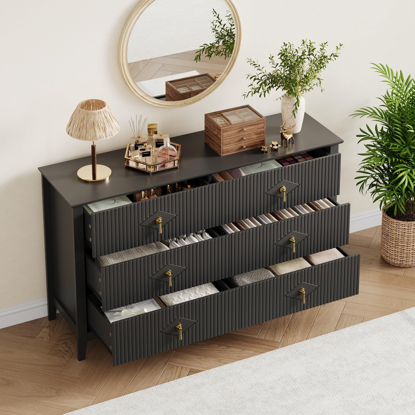 GarveeHome Fluted Dresser for Bedroom, 54 Inch Wide 6-Drawer Wood Dresser, Modern Chest of Drawers, Storage Organizer Cabinet for Living Room, Hallway, Entryway, Black