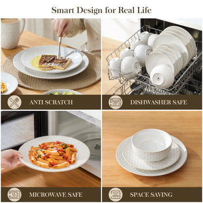 MALACASA 16 Pieces Dinnerware Sets, Modern Relief Design Plates and Bowls Sets, White Dish Set for 4, Kitchen Ceramic Dinner Plates Dishware Set, Microwave and Dishwasher Safe, Series LYDIA