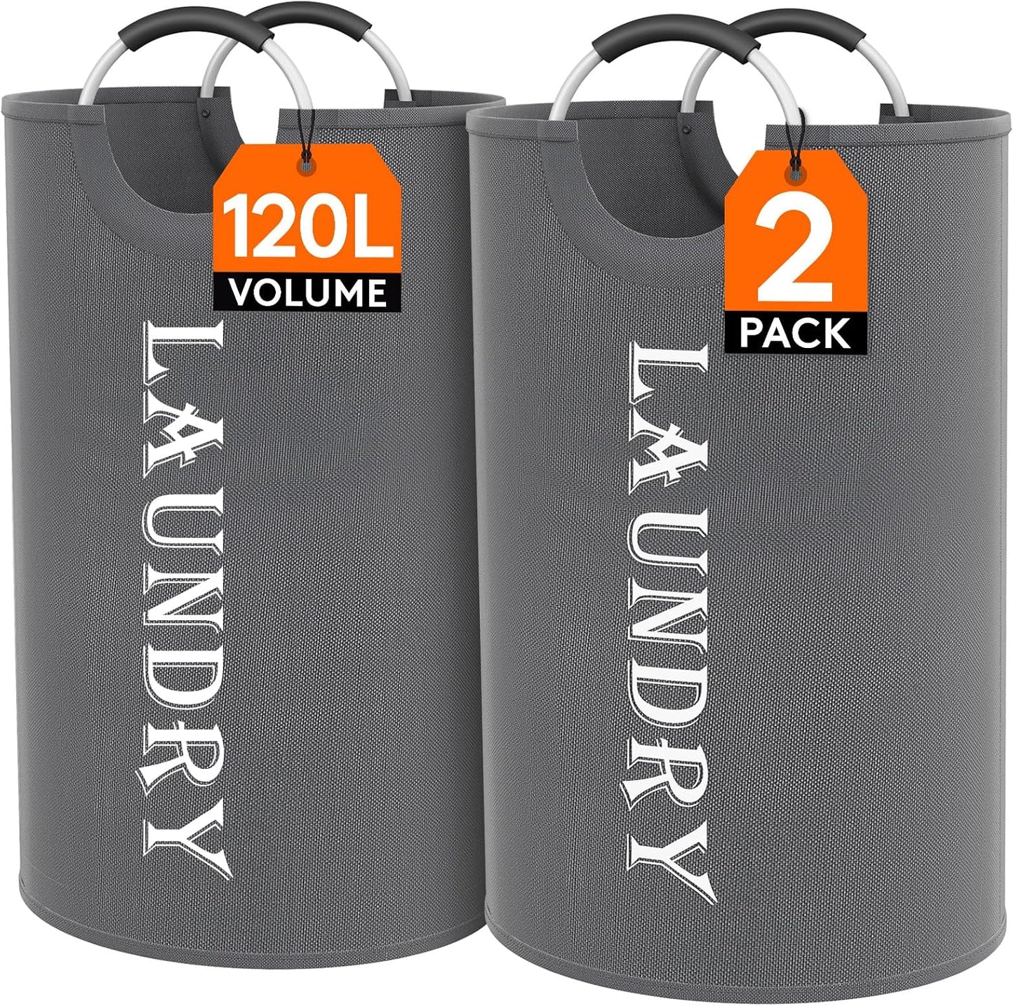 Lifewit 120L 2-Pack Large Laundry Basket, Collapsible Hamper, Waterproof, Grey