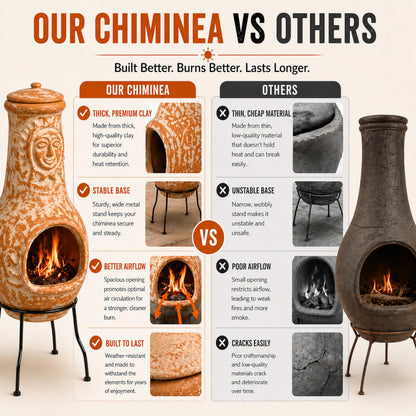 Outdoor Clay Chiminea Fireplace Sun Design Wood Burning Fire Pit with Sturdy Metal Stand, Barbecue, Cocktail Party, Cozy Nights Fire Pit (Beige)
