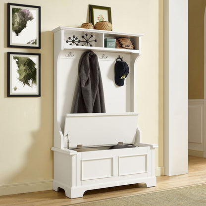 Crosley Furniture Campbell Hall Tree with Storage Bench and Coat Rack Hooks for Hanging, White