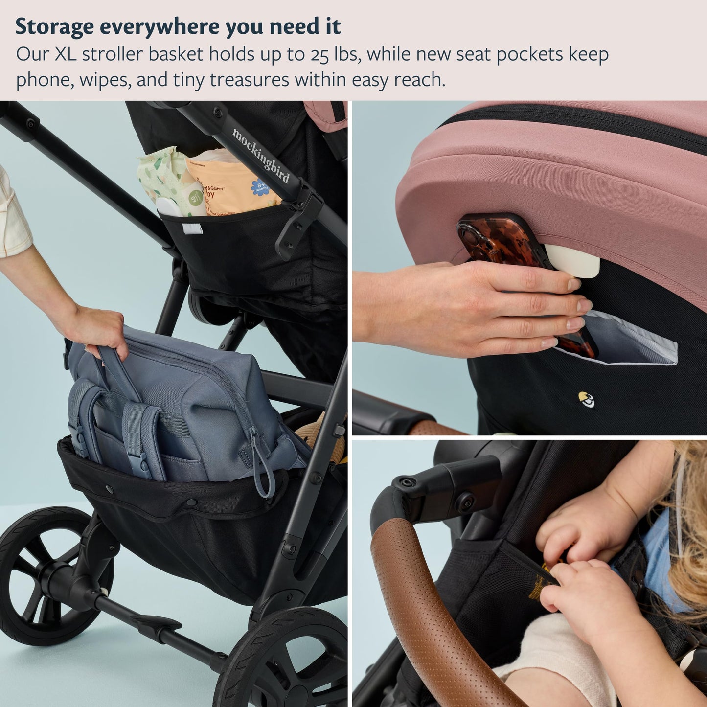 Mockingbird Single-to-Double Stroller 3.0 - Convertible Full Size Baby Stroller for 1, 2, or 3 Kids with 44 Possible configurations, Travel System Compatible - Stone Blue