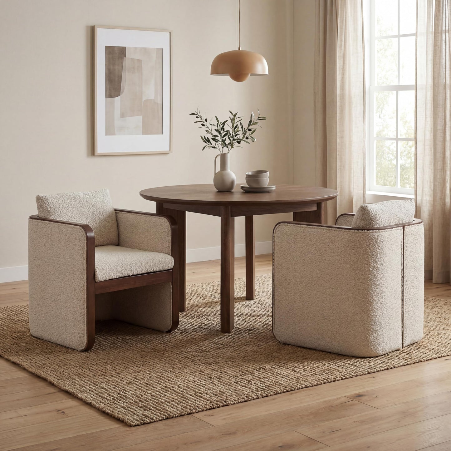 Christopher Knight Home Cabelo Boucle Upholstered Dining Chairs Set of 2, Sturdy Wooden Dining Chair with Curved Back, Modern Armchairs and Thick Cushions, Versatile Indoor Usage, Almond + Walnut