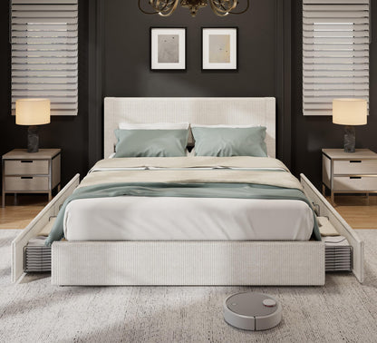 IDEALHOUSE King Size Bed Frame with Tall Tufted Wingback Headboard, Platform Velvet Upholstered King Bed Frame with 4 Storage Drawers and Wooden Slats Support, No Box Spring Needed, Creamy White