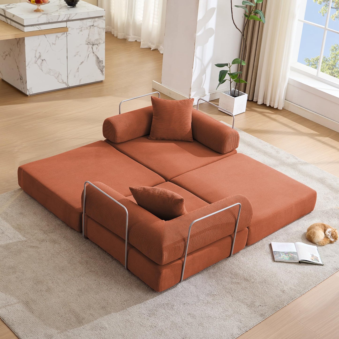 KEIKI 73" Corduroy Modular Sofa Bed with Removable Rolled Armrests and 2 Throw Pillow, Modern Style Convertible 2-Seater Upholstered Couch, No Assembly, for Apartment, Living Room, Orange