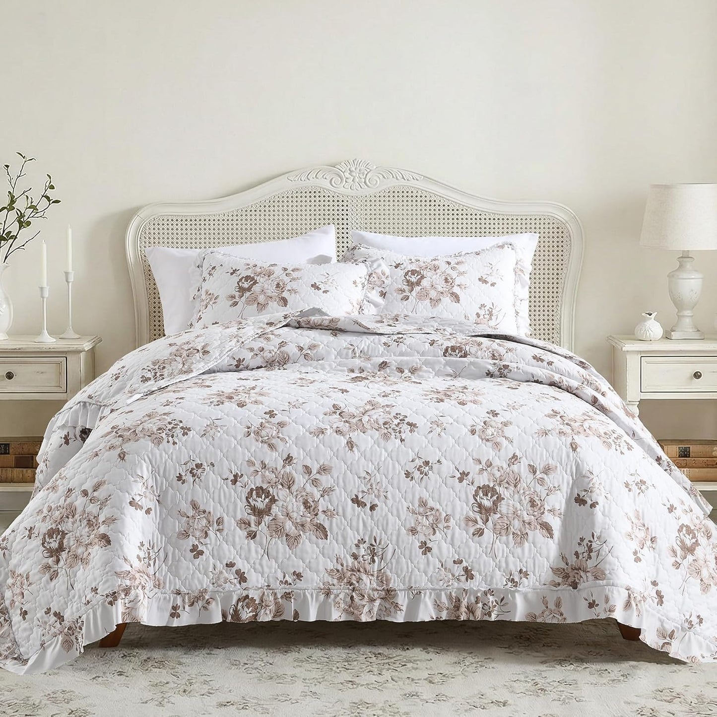 1 2 68x86 inches HORIMOTE HOME Khaki Ruffled Quilt Twin Size with Pillow Sham, Shabby Chic Floral Printed Reversible