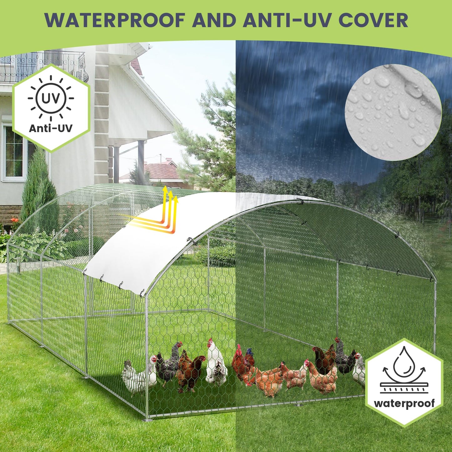 Large Metal Chicken Coop, Outdoor Chicken Runs for Yard with Cover,Large Chicken Run with Upgrade Tri-Supporting,Waterproof and UV-Resistant,Walk-in Poultry Cage for Farm Yard(9.8'l x 19.7'w x 6.6'h)