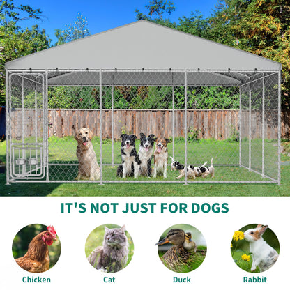 YITAHOME 14.8'x14.8' Large Outdoor Dog Kennel with Rotating Feeder Bowls, Outdoor Dog Enclosure with Roof, Heavy Duty Dog Cage for Large Dogs