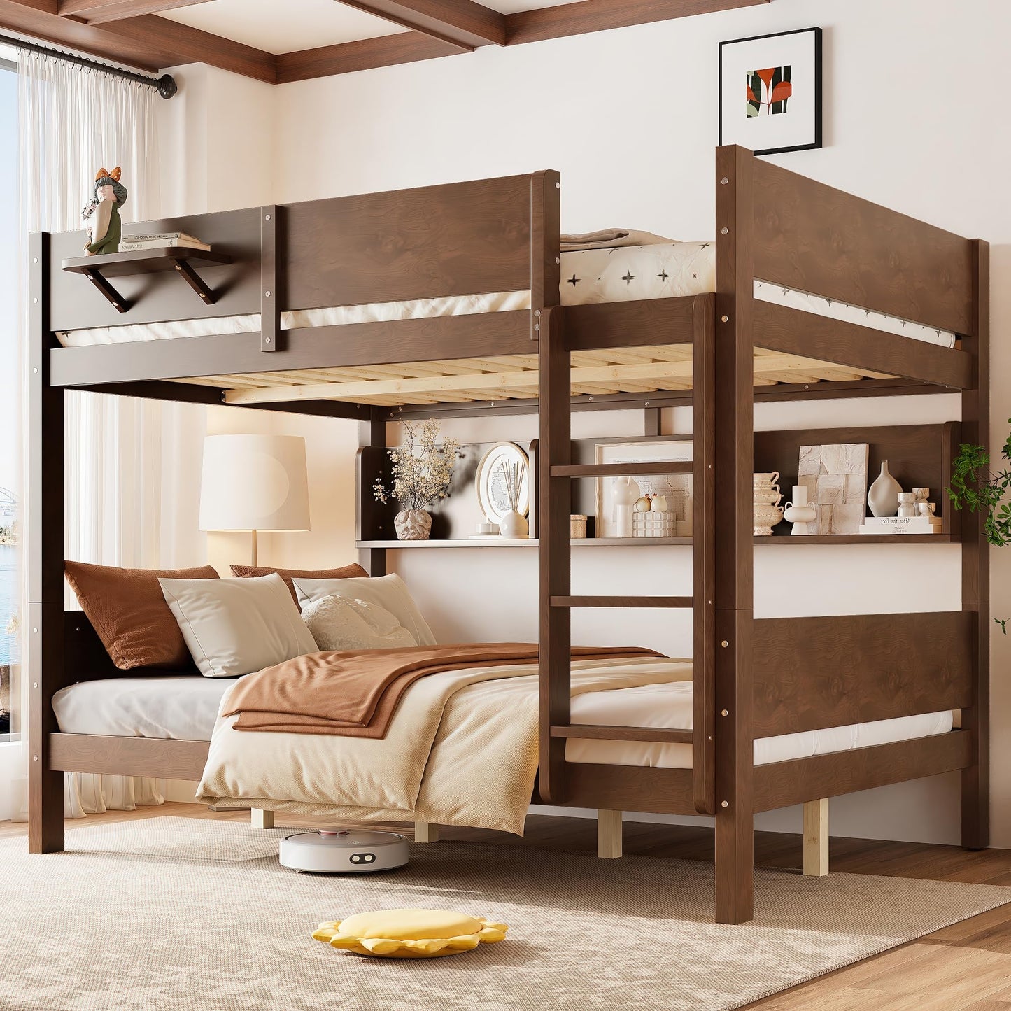 KEIKI Queen Over Queen Size Wooden Bunk Bed Frame with Convenient Tray & Built-in Storage Shelves, Detachable Bunk Bed with Solid Slats, No Box Spring Required, Easy Assembly, for Bedroom, Brown