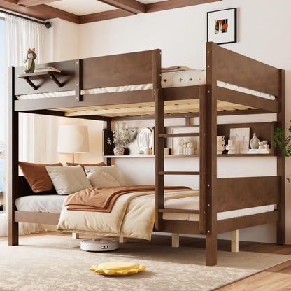 KEIKI Queen Over Queen Size Wooden Bunk Bed Frame with Convenient Tray & Built-in Storage Shelves, Detachable Bunk Bed with Solid Slats, No Box Spring Required, Easy Assembly, for Bedroom, Brown