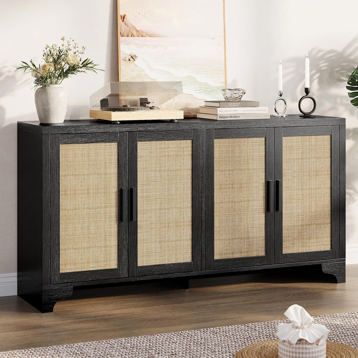 Garvee Natural Rattan Storage Cabinet with Shelves, 4-Door Sideboard Buffet Cabinet, Boho TV Stand Console Table for Living Room, Entryway, Dinning Room