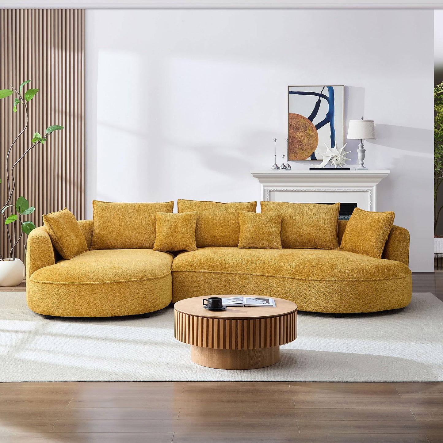 KEIKI 125" Luxury Curved Boucle Sectional Sofa with Left Chaise, Upholstered Modern Style Oversized 5-Seater Couch with Thickened Seat Cushions, Easy Assembly, for Apartment, Living Room, Yellow