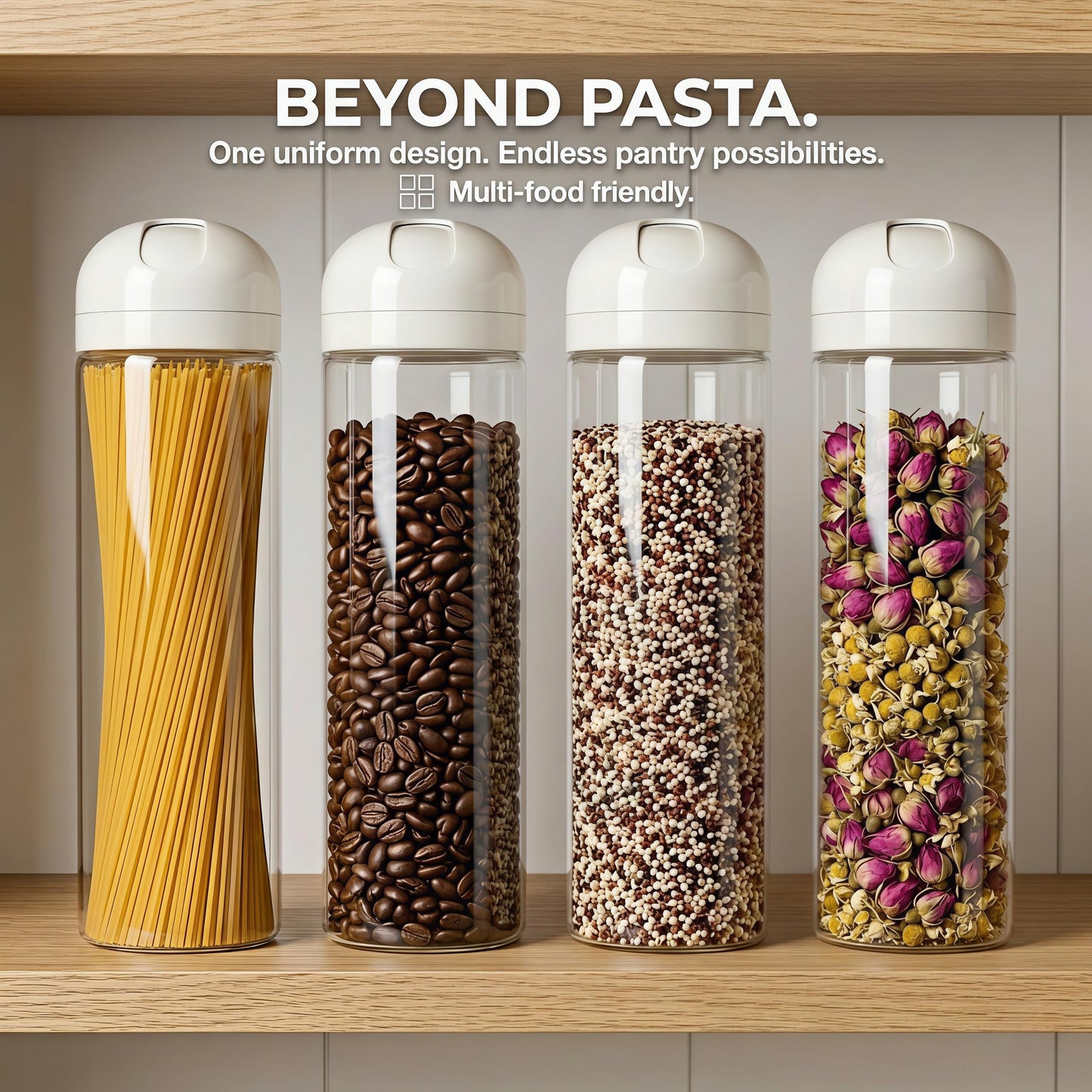 Hoffnugshween Glass Spaghetti Storage Jar with Measuring Dispenser Lid - 67 oz Airtight Tall Pasta Container, Borosilicate Food Canister for Pantry Organization (White)
