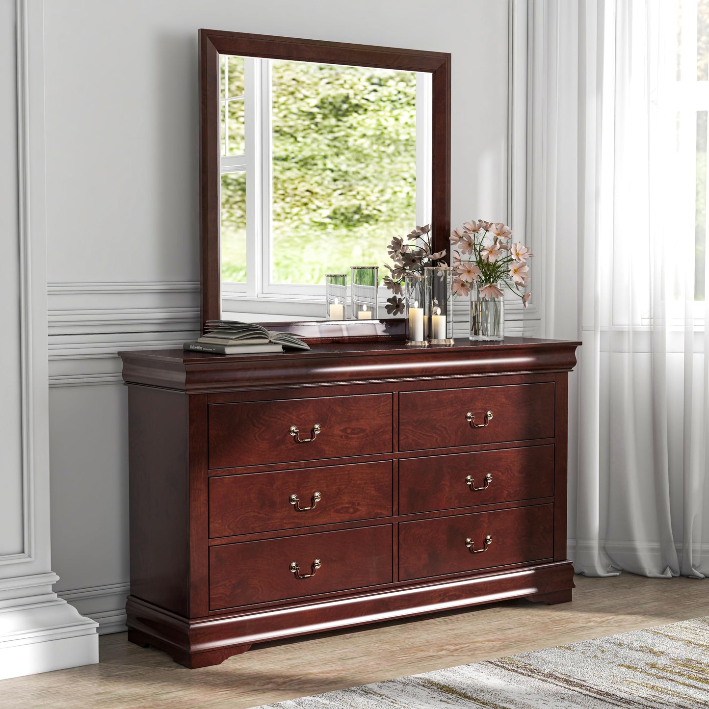 Furniture of America Louis Philippe Traditional Wooden 6 Drawer Dresser with Mirror, Vintage Bedroom Set, Accent Vanity Dressing Table with Antique Nickle Handles, Walk-in Closet, Cherry