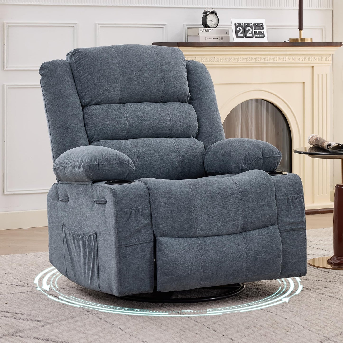 Rocking Recliner Chair for Adults Linen Wide Upholstered Glider Recliner with Cup Holder Deep Seat Single Sofa Rocker Chair for Nursery Living Room