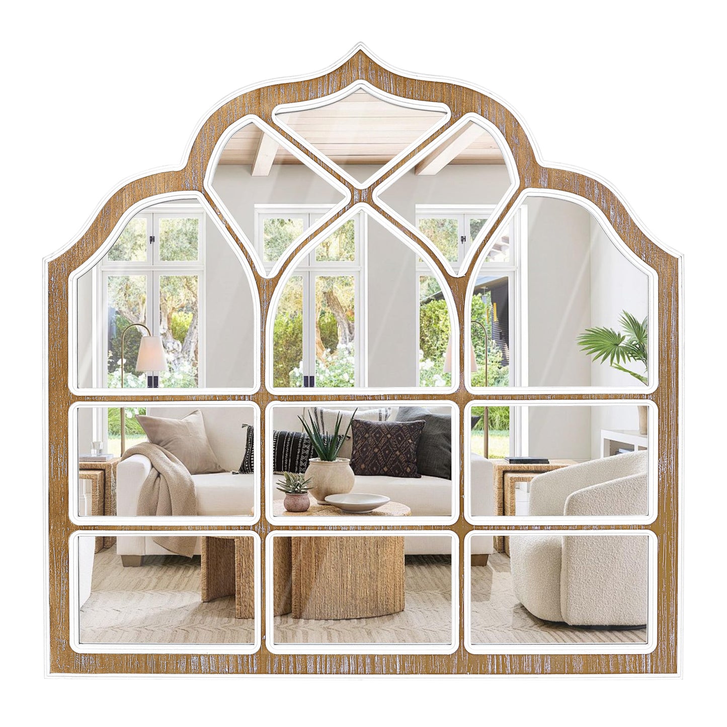 XGGJWW 36x36 Inch Window Pane Wall Mirror, Farmhouse Gothic Arched Mirror, Rustic Decorative Cathedral Mirror for Living Room Entryway Home Decor