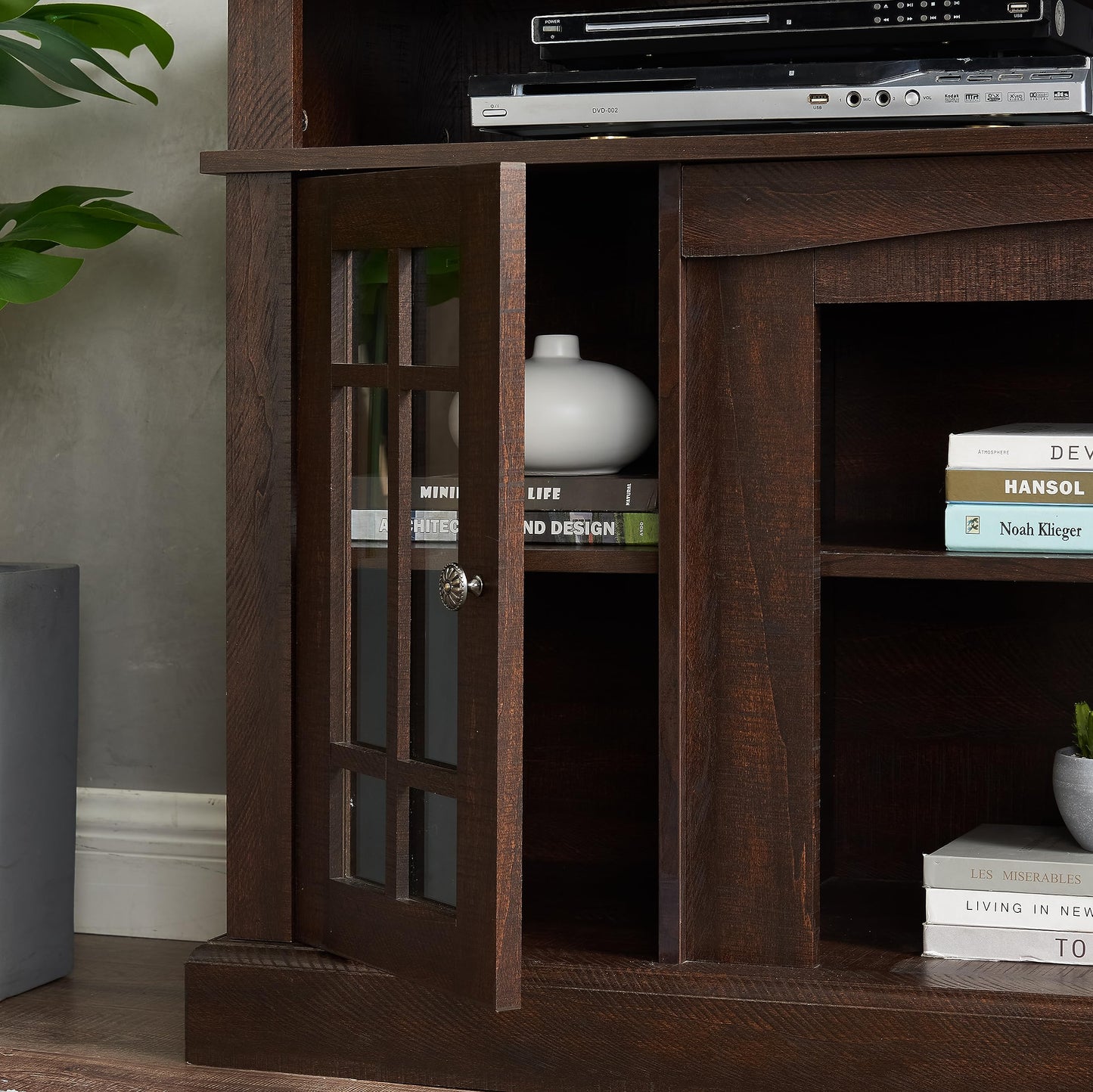 Trygoal Farmhouse TV Stand for 60 Inch TV, 58" Wood Entertainment Center with Glass Doors & 5 Cable Routing Holes, Sturdy Media Console Table for Living Room & Bedroom, Brown