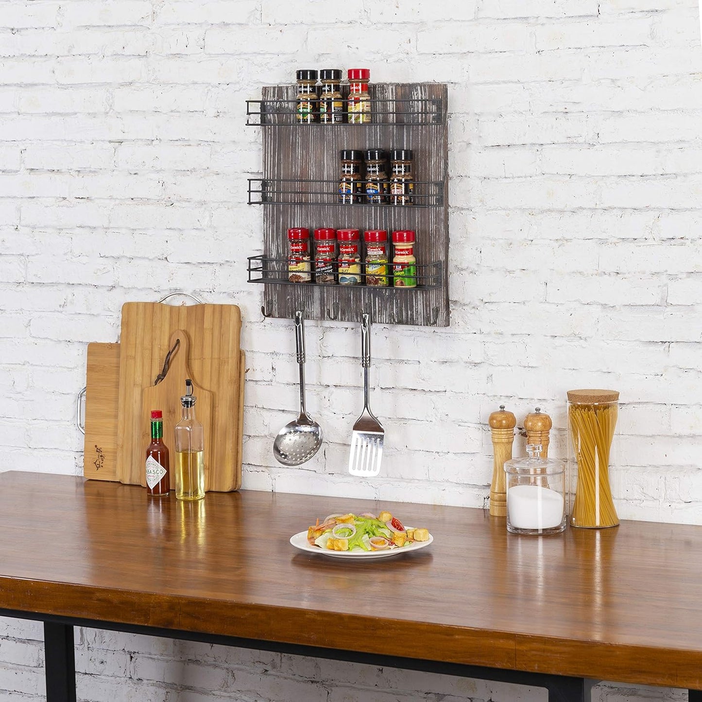 MyGift 3 Tier Black Metal Wire Kitchen Spice Rack Organizer with Torched Wood Wall Mount and 6 Hooks, Seasoning Jars and Hanging Cooking Utensil Rack