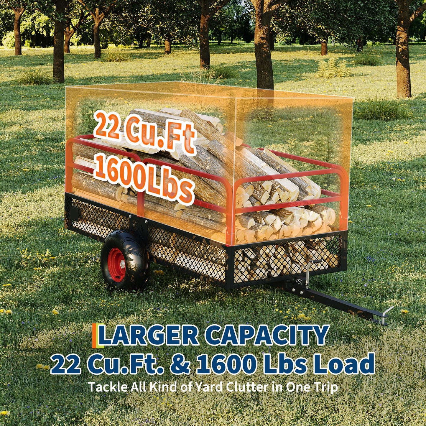 PeakPursuit Tow Behind Steel Dump Cart, Heavy Duty Yard Garden Trailer with Removable Sides & All Terrain Tires, Fits Lawn Mower, Tractor, Garden Cart, 1600 lbs 22 Cubic Feet, Red