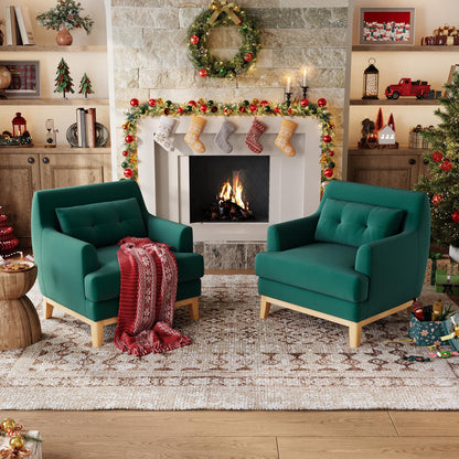 LINSY Large Accent Chair Set of 2, Velvet Reading Chair with Rubberwood Base, Armchair with Lumbar Pillow, Cozy Single Sofa Chair for Reading Room Apartment Living Room Bedroom Office, Green