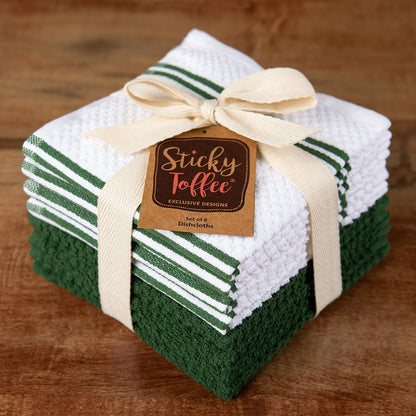 Kitchen Towels Dishcloths, 100% Cotton, Set of 8, Dark Green and White Reusable Cleaning Cloths