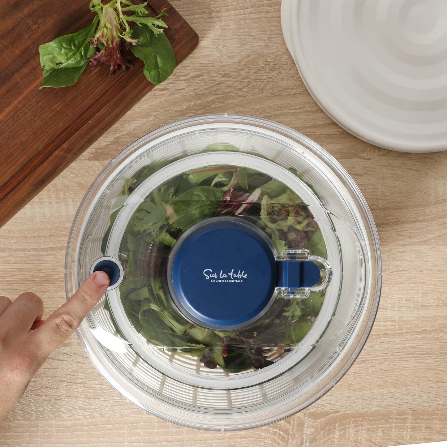 Sur La Table Kitchen Essential 6.3 Qt Salad Spinner, Fruit Wahser, Fruit Washing Bowl with Strainer, Vegertable Cleaner, Salad Cleaner, Lettuce Washer - Navy Blue