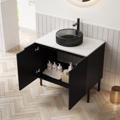 GDFStudio 30" Freestanding Bathroom Vanity with Sink, Turio Black Storage Cabinet with Double Doors, Carrara White Sintered Stone Countertop, Soft Close System, Modern Black Round Glass Basin